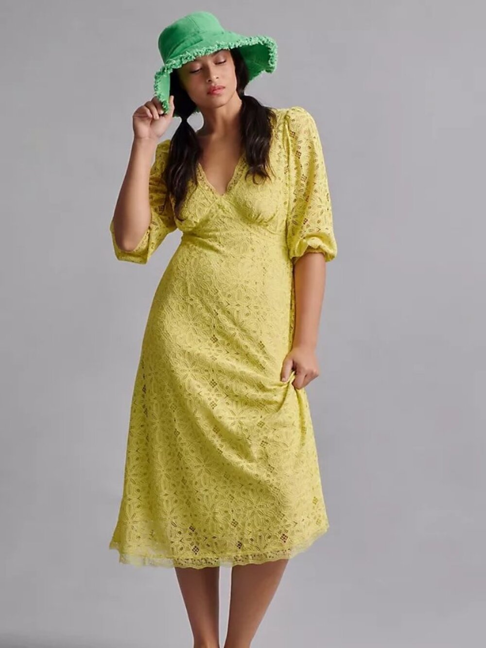 Anthropologie NWT V-Neck Lace Dress Midi in Chartreuse size 8